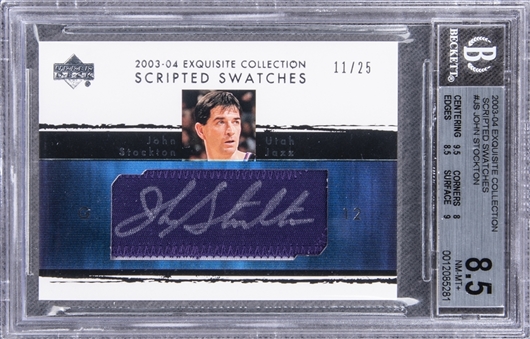 2003-04 UD "Exquisite Collection" Scripted Swatches #JS John Stockton Signed Game Used Patch Card (#11/25) – BGS NM-MT+ 8.5/BGS 10
